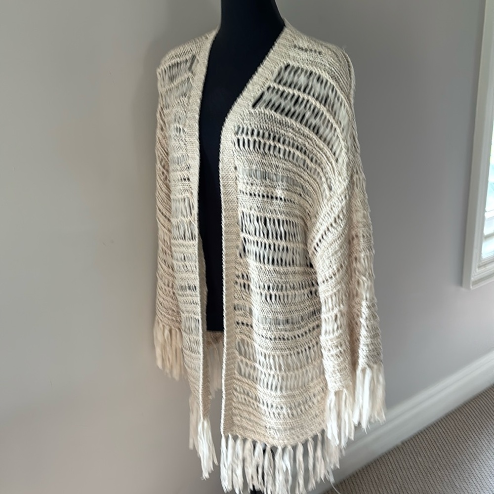 ASOS CREAM OPEN KNIT FRINGE SWEATER